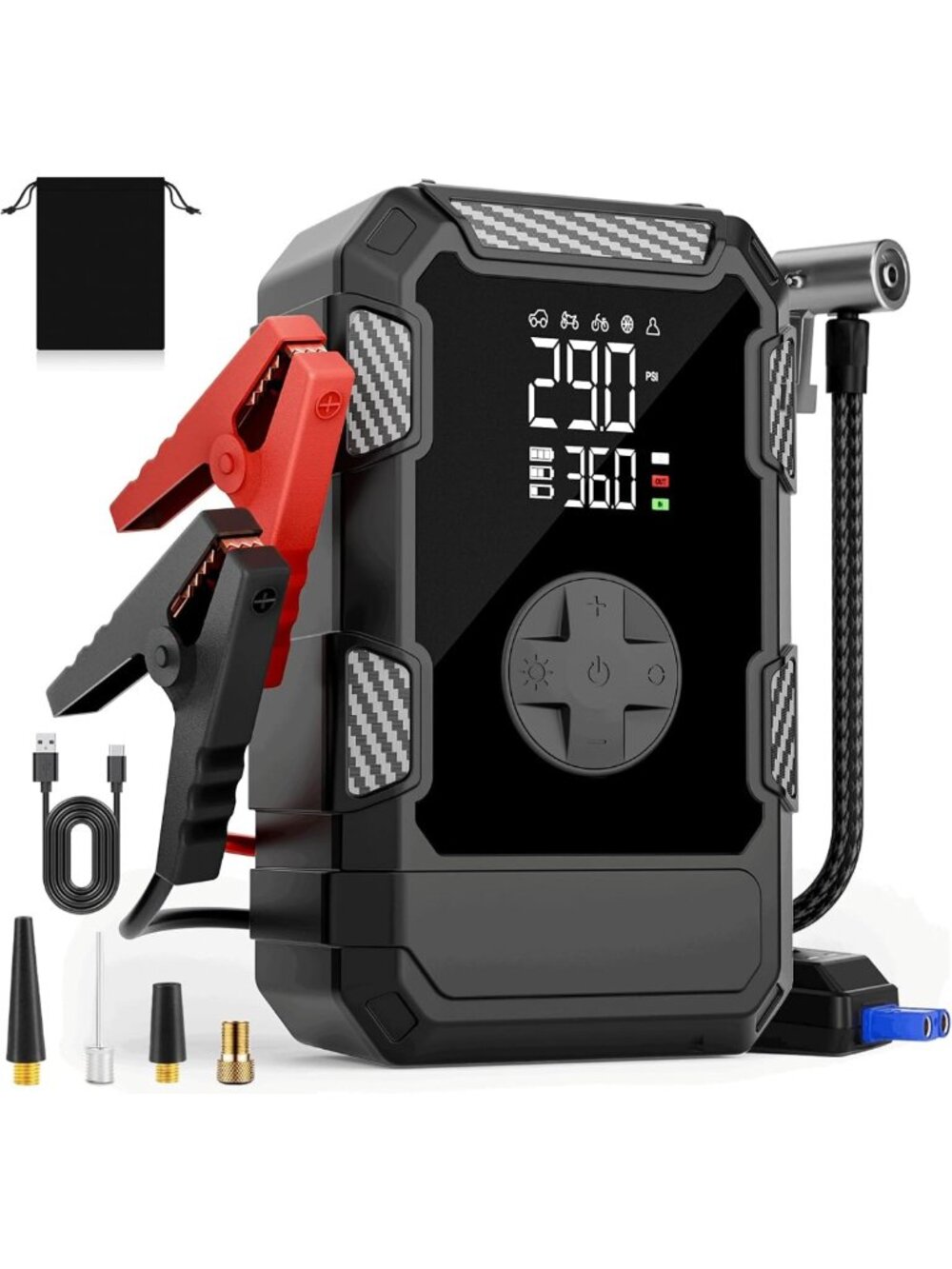 Portable 4000A Car Jump Starter & Air Compressor, 12V Battery Booster, LED Light